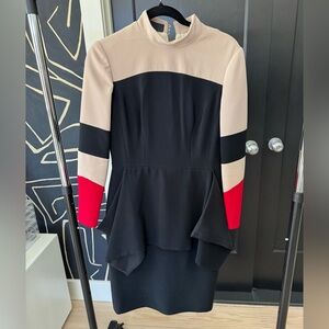 Nude, black and red tailored dress